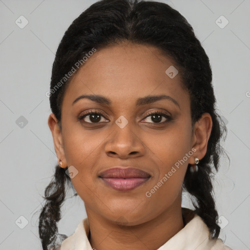 Joyful latino young-adult female with medium  black hair and brown eyes