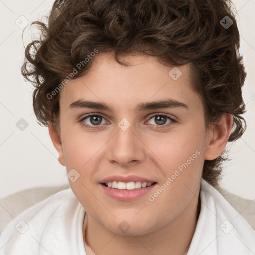 Joyful white young-adult male with medium  brown hair and brown eyes