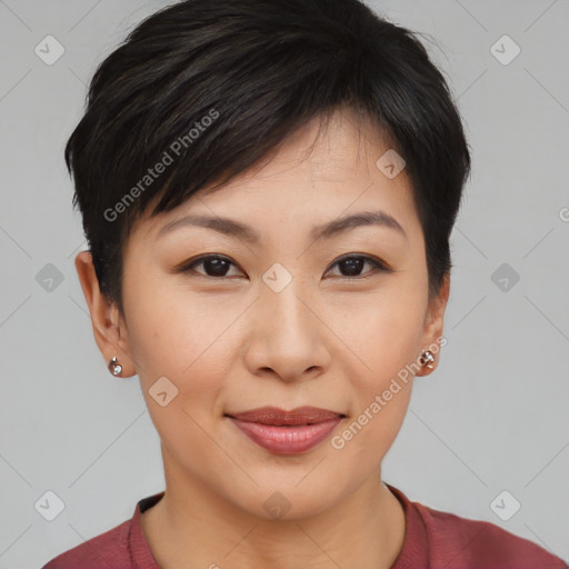 Joyful asian young-adult female with short  brown hair and brown eyes