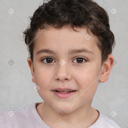 Joyful white child male with short  brown hair and brown eyes