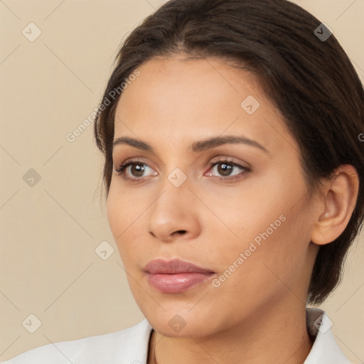 Neutral white young-adult female with medium  brown hair and brown eyes