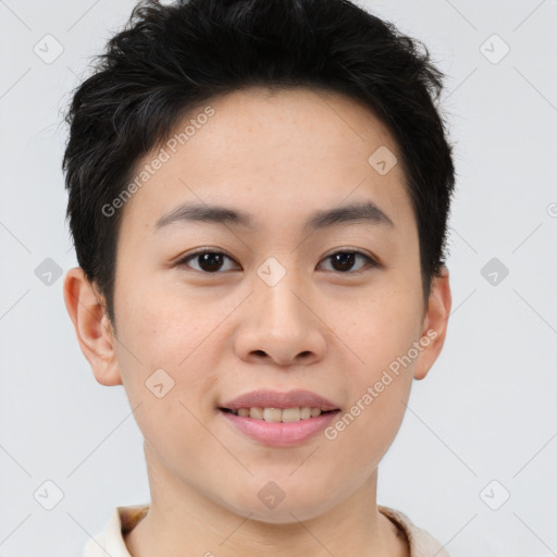 Joyful asian young-adult female with short  brown hair and brown eyes