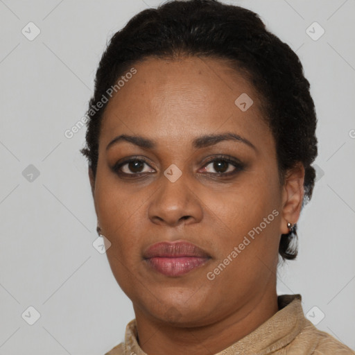Neutral black young-adult female with short  brown hair and brown eyes