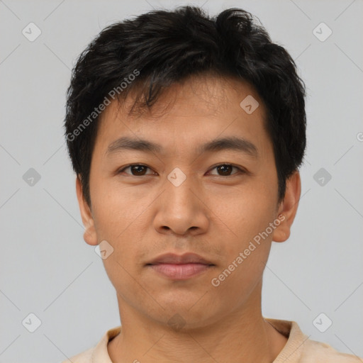 Neutral asian young-adult male with short  black hair and brown eyes