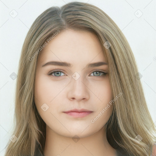 Neutral white young-adult female with long  brown hair and brown eyes