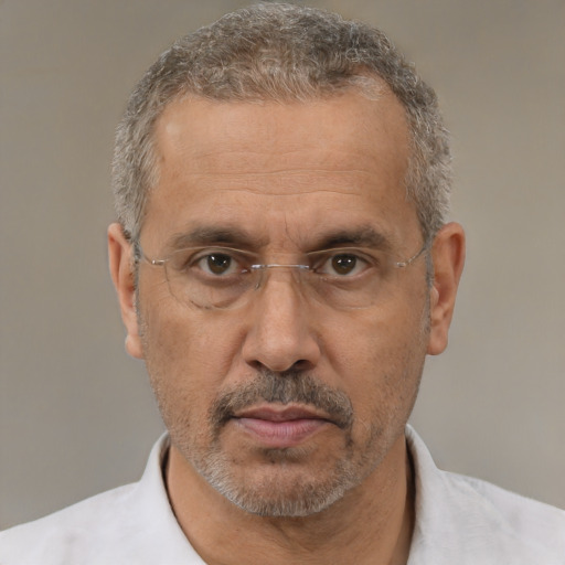 Neutral white middle-aged male with short  gray hair and brown eyes