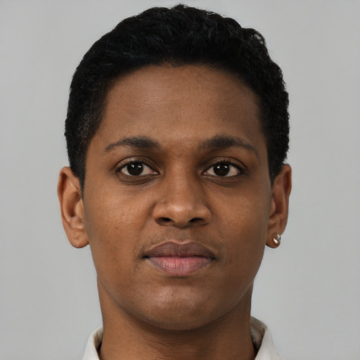 Neutral black young-adult male with short  brown hair and brown eyes