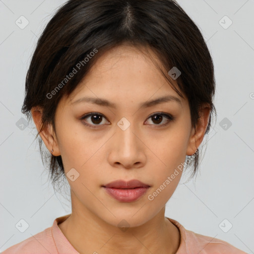 Neutral asian young-adult female with medium  brown hair and brown eyes