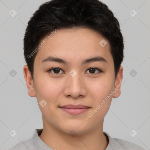 Joyful asian young-adult female with short  brown hair and brown eyes