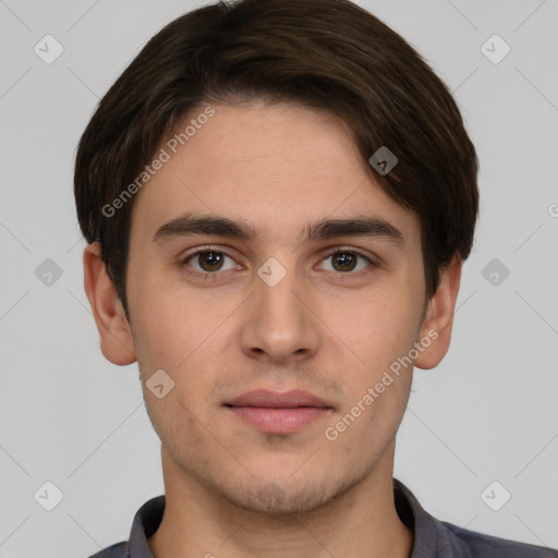 Neutral white young-adult male with short  brown hair and brown eyes