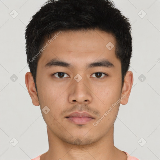 Neutral asian young-adult male with short  brown hair and brown eyes