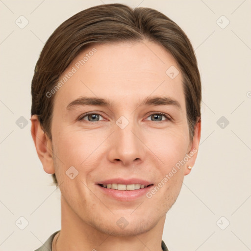 Joyful white young-adult female with short  brown hair and grey eyes