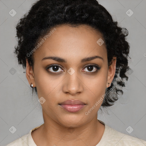 Neutral black young-adult female with short  black hair and brown eyes