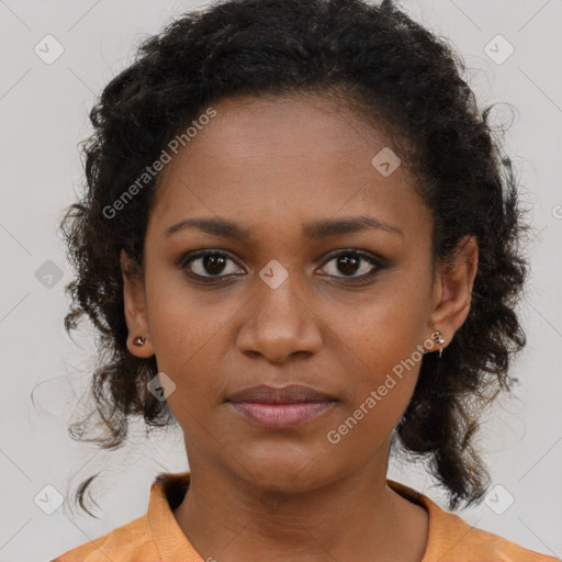 Neutral black young-adult female with medium  brown hair and brown eyes