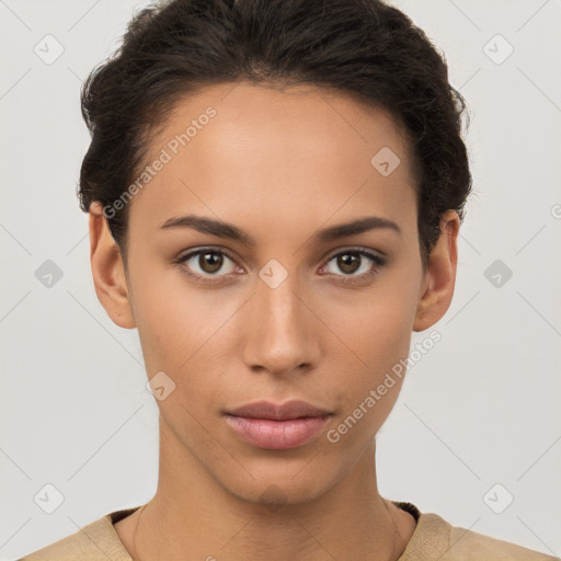 Neutral white young-adult female with short  brown hair and brown eyes