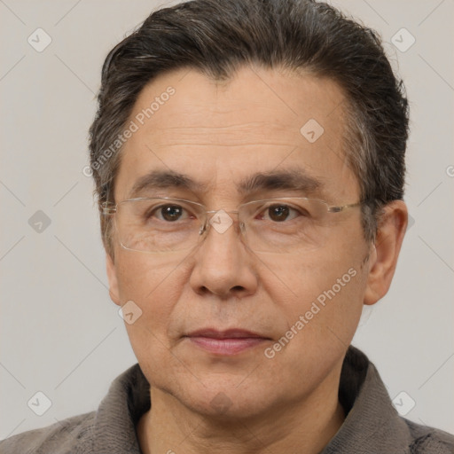 Joyful white middle-aged male with short  brown hair and brown eyes