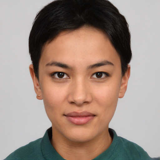 Joyful asian young-adult female with short  black hair and brown eyes
