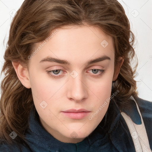 Neutral white young-adult female with long  brown hair and blue eyes