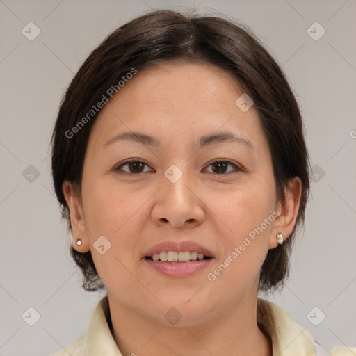 Joyful white young-adult female with medium  brown hair and brown eyes