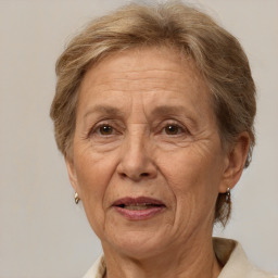 Joyful white middle-aged female with short  brown hair and brown eyes