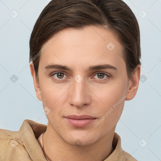 Joyful white young-adult female with short  brown hair and brown eyes