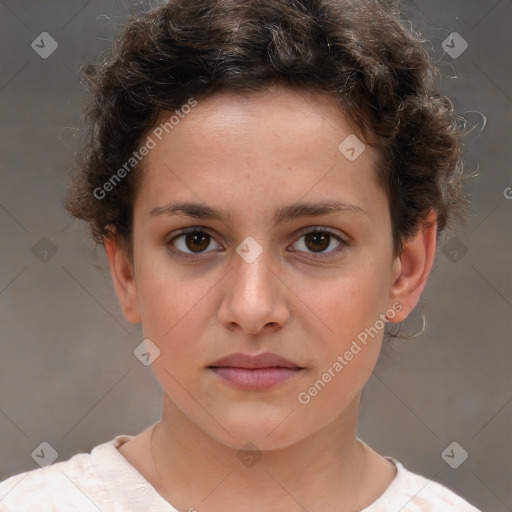 Neutral white young-adult female with short  brown hair and brown eyes