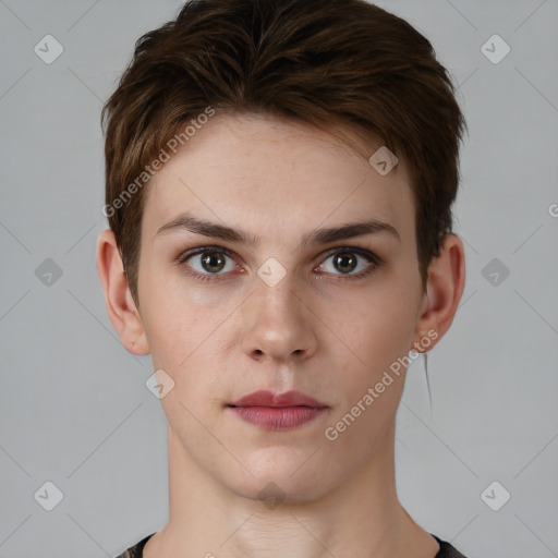 Neutral white young-adult female with short  brown hair and brown eyes