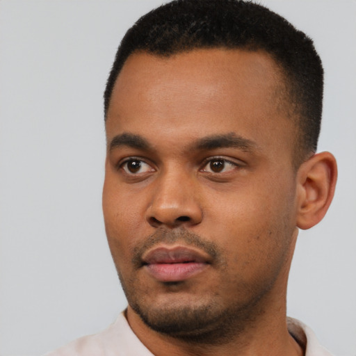 Neutral black young-adult male with short  black hair and brown eyes
