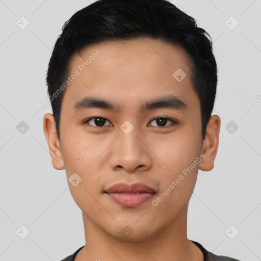 Neutral asian young-adult male with short  black hair and brown eyes