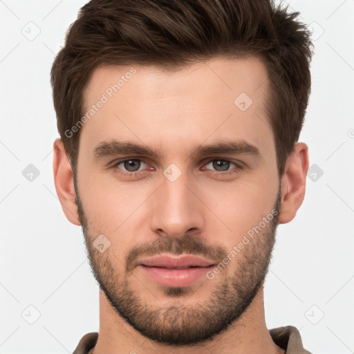 Neutral white young-adult male with short  brown hair and brown eyes