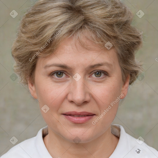 Joyful white adult female with short  brown hair and grey eyes