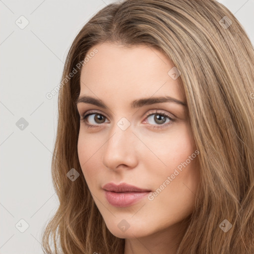 Neutral white young-adult female with long  brown hair and brown eyes