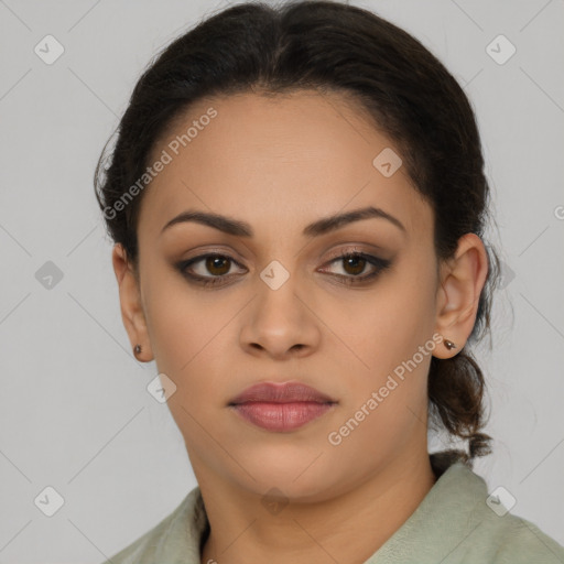 Neutral latino young-adult female with short  brown hair and brown eyes