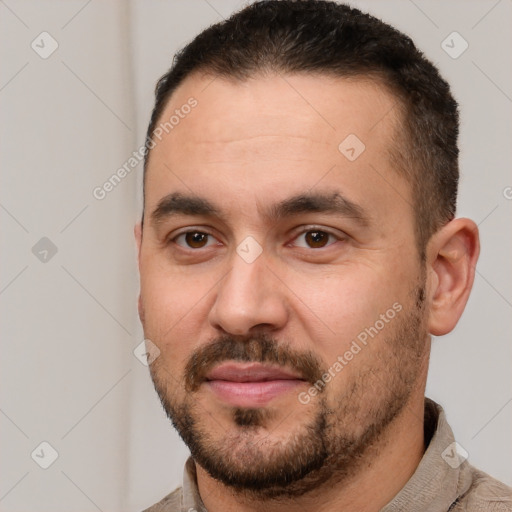 Neutral white adult male with short  brown hair and brown eyes