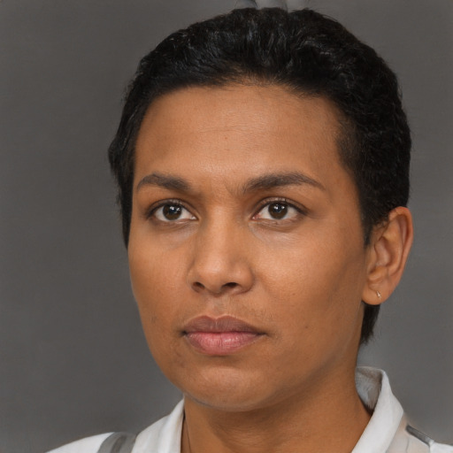 Neutral black young-adult female with short  brown hair and brown eyes