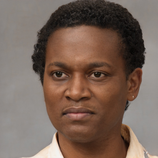 Joyful black young-adult male with short  brown hair and brown eyes