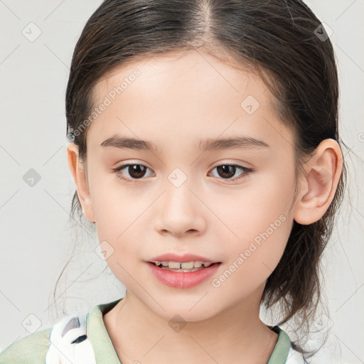 Joyful white child female with medium  brown hair and brown eyes