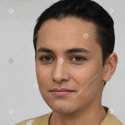 Joyful white young-adult male with short  brown hair and brown eyes