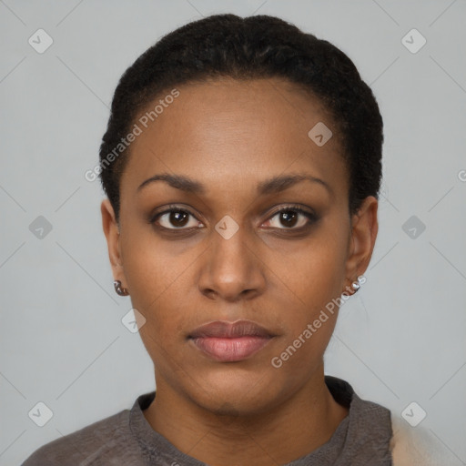 Neutral black young-adult female with short  black hair and brown eyes