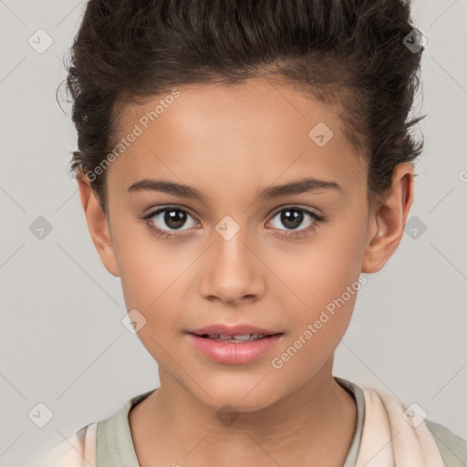 Joyful white child female with short  brown hair and brown eyes