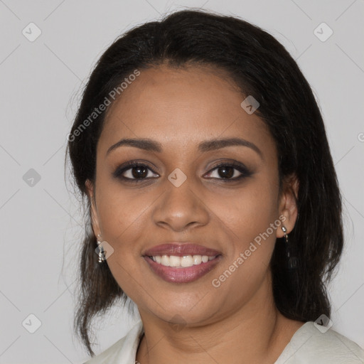 Joyful black young-adult female with medium  brown hair and brown eyes