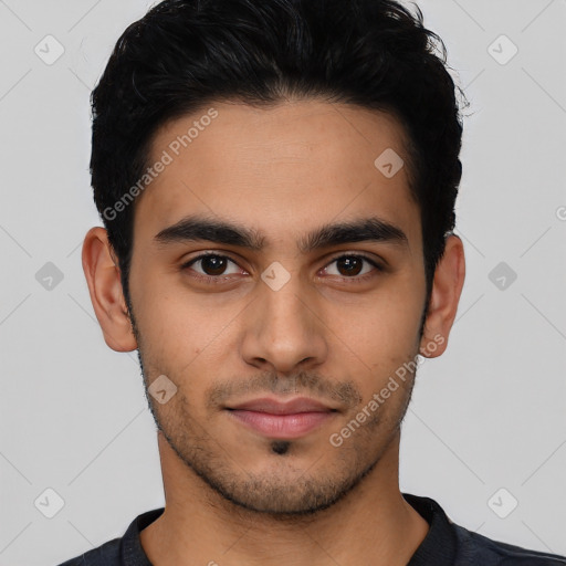 Neutral latino young-adult male with short  black hair and brown eyes