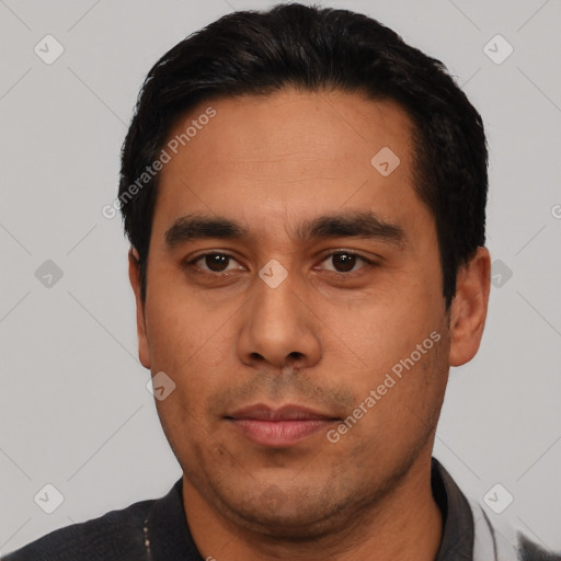 Neutral asian young-adult male with short  black hair and brown eyes