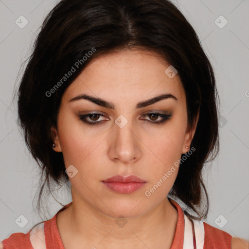 Neutral white young-adult female with medium  brown hair and brown eyes