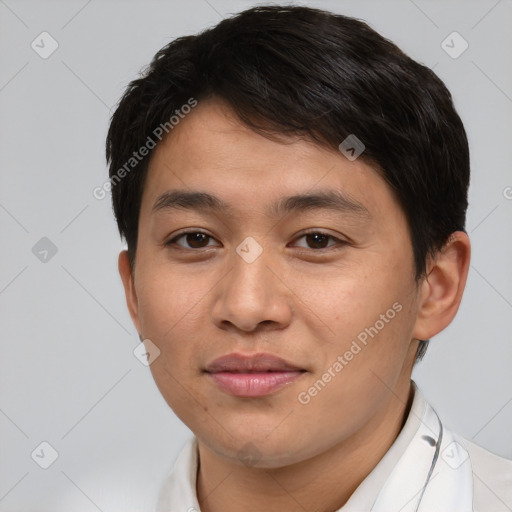 Joyful asian young-adult male with short  brown hair and brown eyes