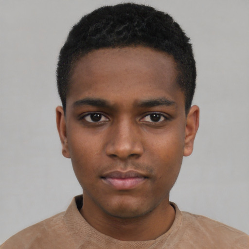 Neutral black young-adult male with short  black hair and brown eyes
