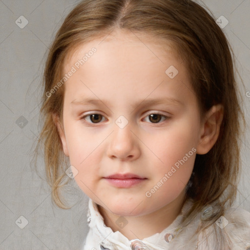 Neutral white child female with medium  brown hair and blue eyes