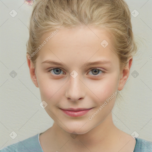 Joyful white child female with short  brown hair and grey eyes