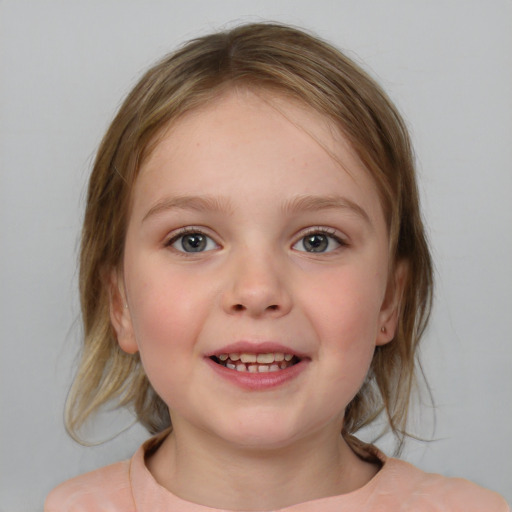 Joyful white child female with medium  brown hair and blue eyes