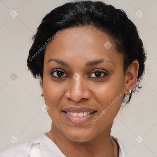 Joyful latino young-adult female with short  black hair and brown eyes